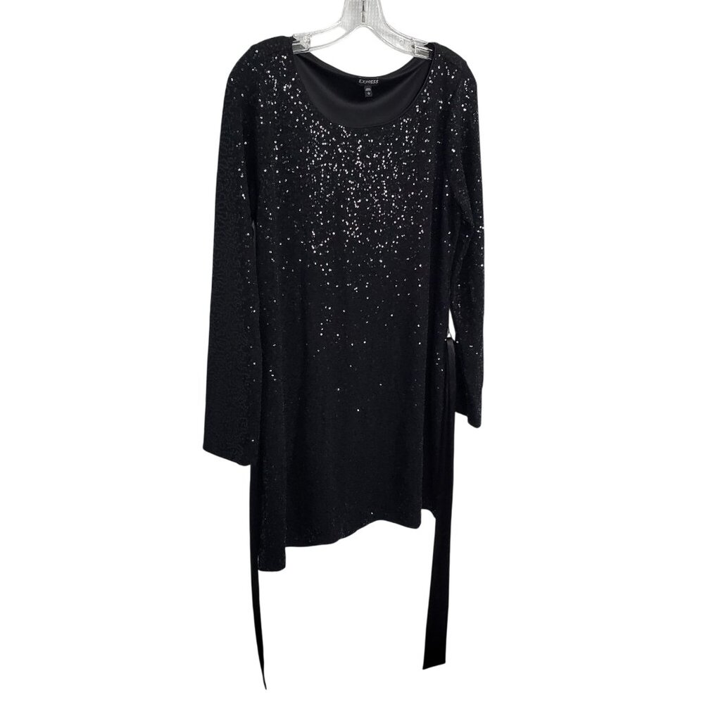 Express Size L Dress Mini Sequin Satin Belt Cocktail Party Wear Shimmer Scoop